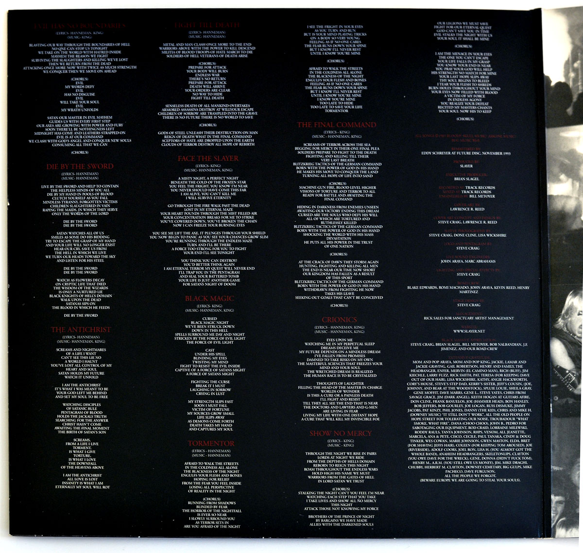 Inner sleeve of Slayer's 'Show No Mercy' White Vinyl reissue featuring lyrics, credits, and acknowledgments.